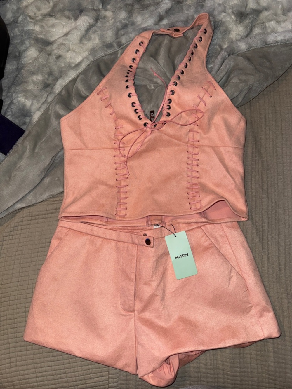 KZN Pink Lace-Up Halter Crop Top & Shorts Set